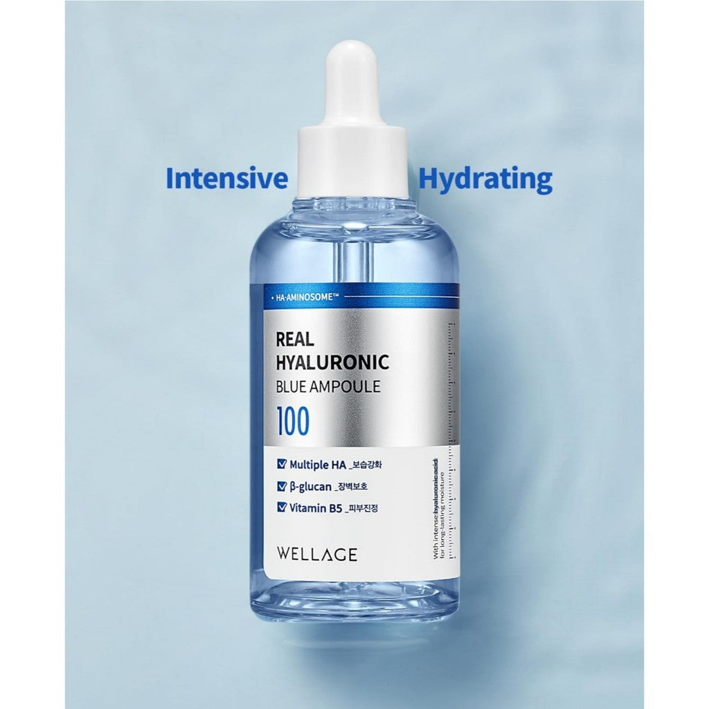 WELLAGE Real Hyaluronic Blue Ampoule 100, 100mL | Fragrance Free Hyaluronic Acid Ampoule, Hydrating Non Sticky Serum