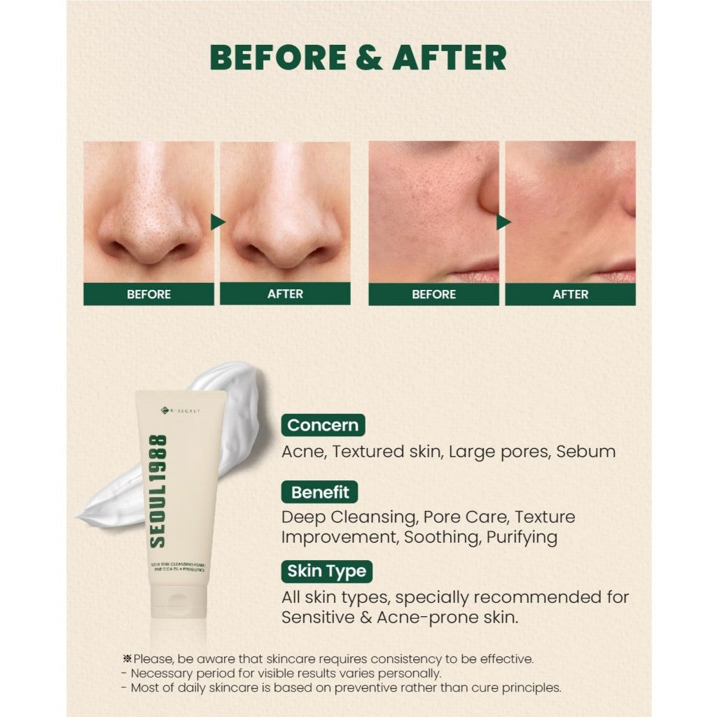K-SECRET SEOUL 1988 Cleansing Foam 150ml / Cleansing Oil 200ml : Pine Cica 1% + Probiotics