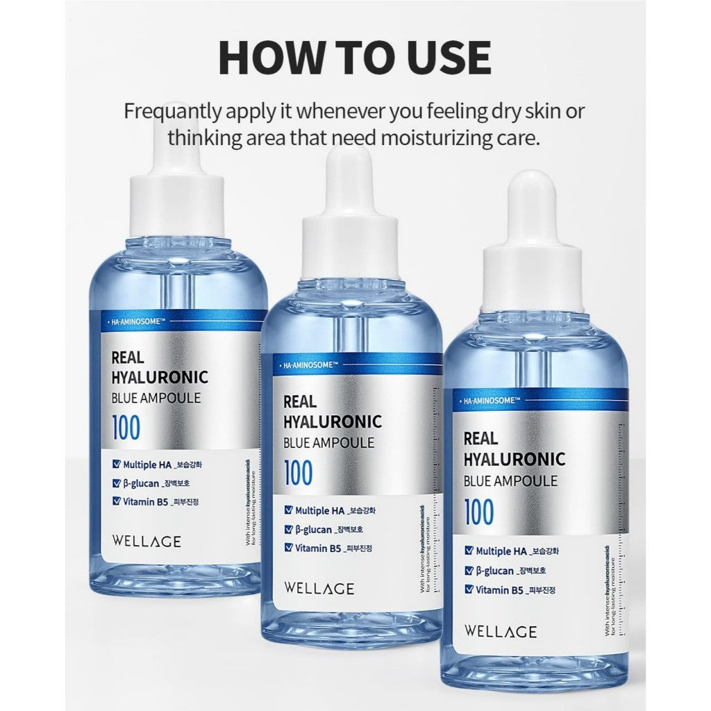 WELLAGE Real Hyaluronic Blue Ampoule 100, 100mL | Fragrance Free Hyaluronic Acid Ampoule, Hydrating Non Sticky Serum
