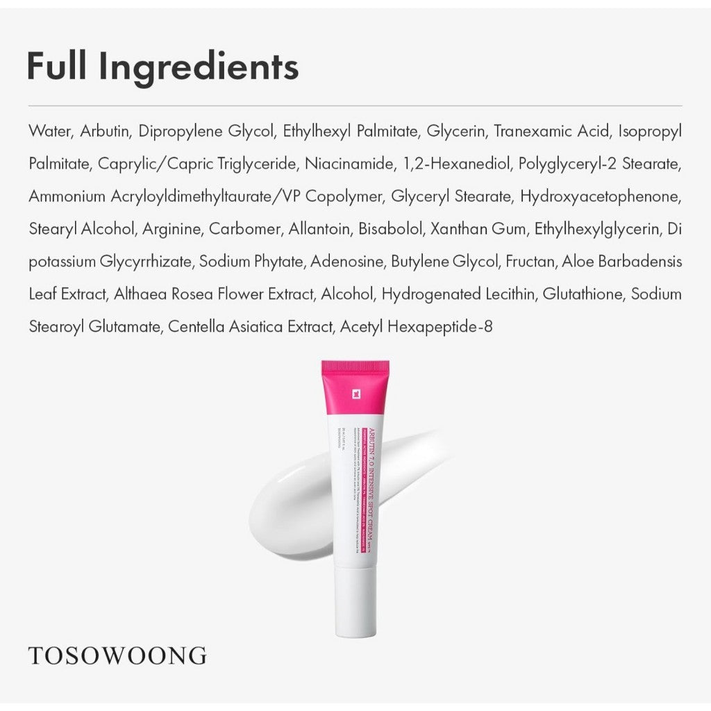 TOSOWOONG Arbutin 7% Intensive Spot Cream, 20mL with 70,000ppm Arbutin, 3% Tranexamic Acid, 1% Niacinamide