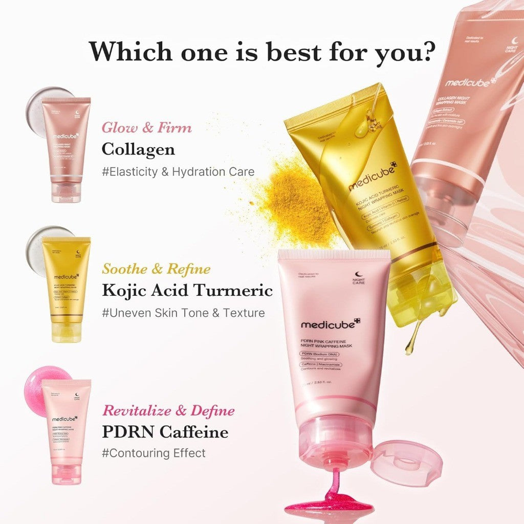 MEDICUBE Collagen Milk Toning, Collagen Night, Kojic Acid Turmeric, PDRN Pink Caffeine Wrapping Mask, 75ml (1EA 4 Types / Set)