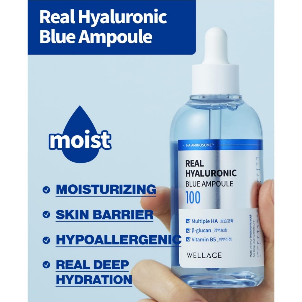 WELLAGE Real Hyaluronic Blue Ampoule 100, 100mL | Fragrance Free Hyaluronic Acid Ampoule, Hydrating Non Sticky Serum