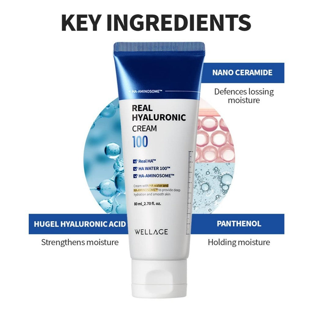 WELLAGE Real Hyaluronic Cream 100, 80mL | Ultra Moisturizing Face Moisturizer with 500,000ppm Hyaluronic Acid for 100hr Deep Hydration