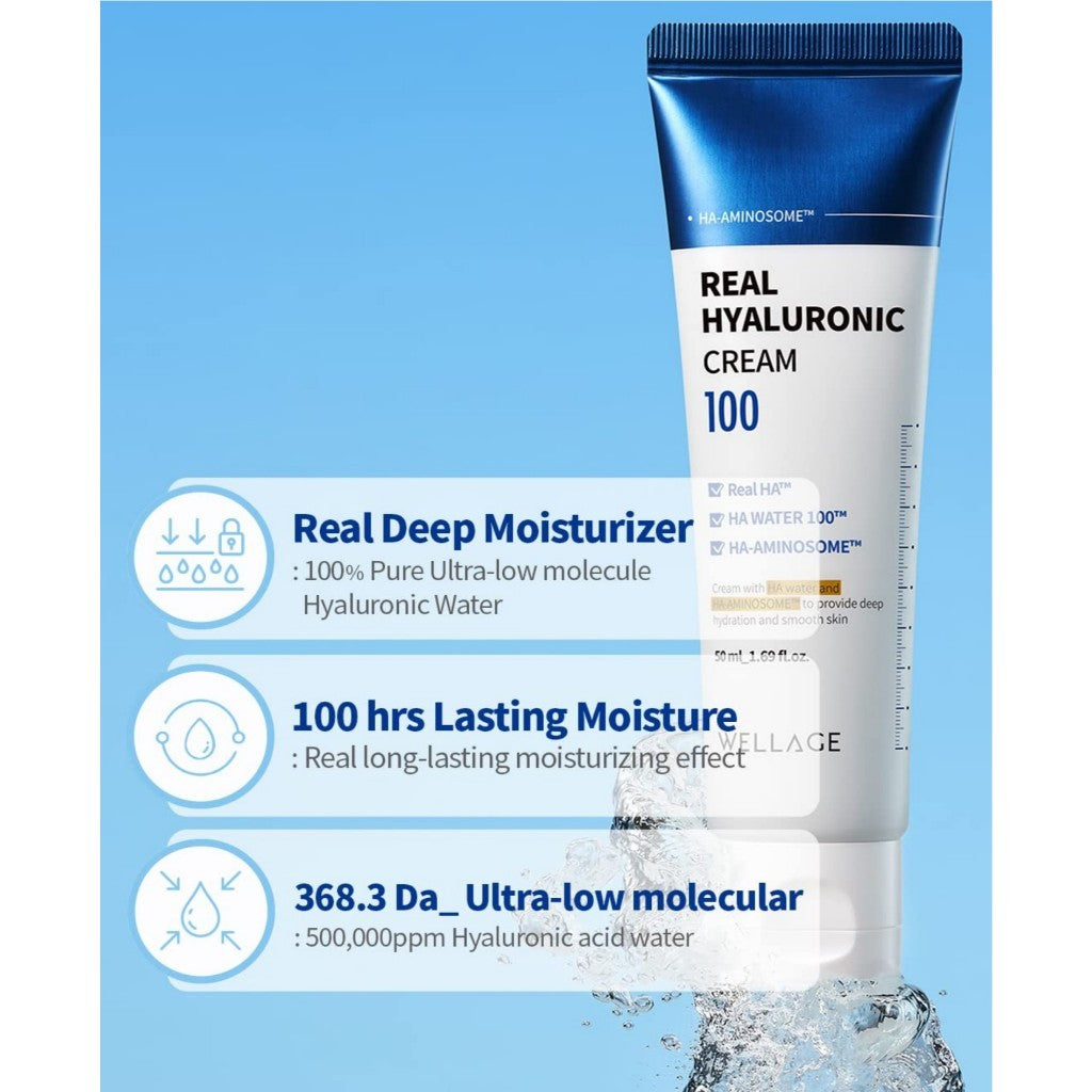 WELLAGE Real Hyaluronic Cream 100, 80mL | Ultra Moisturizing Face Moisturizer with 500,000ppm Hyaluronic Acid for 100hr Deep Hydration