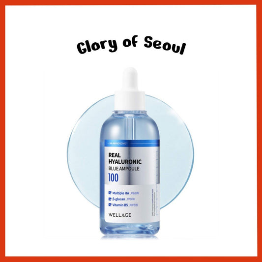WELLAGE Real Hyaluronic Blue Ampoule 100, 100mL | Fragrance Free Hyaluronic Acid Ampoule, Hydrating Non Sticky Serum