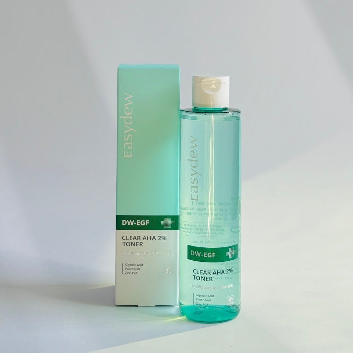 EASYDEW Clear AHA 2% Toner in a green bottle beside its matching carton.