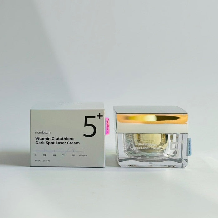 Tarro y caja de numbuzin No.5+ Vitamin Glutathione Dark Spot Laser Cream 50ml
