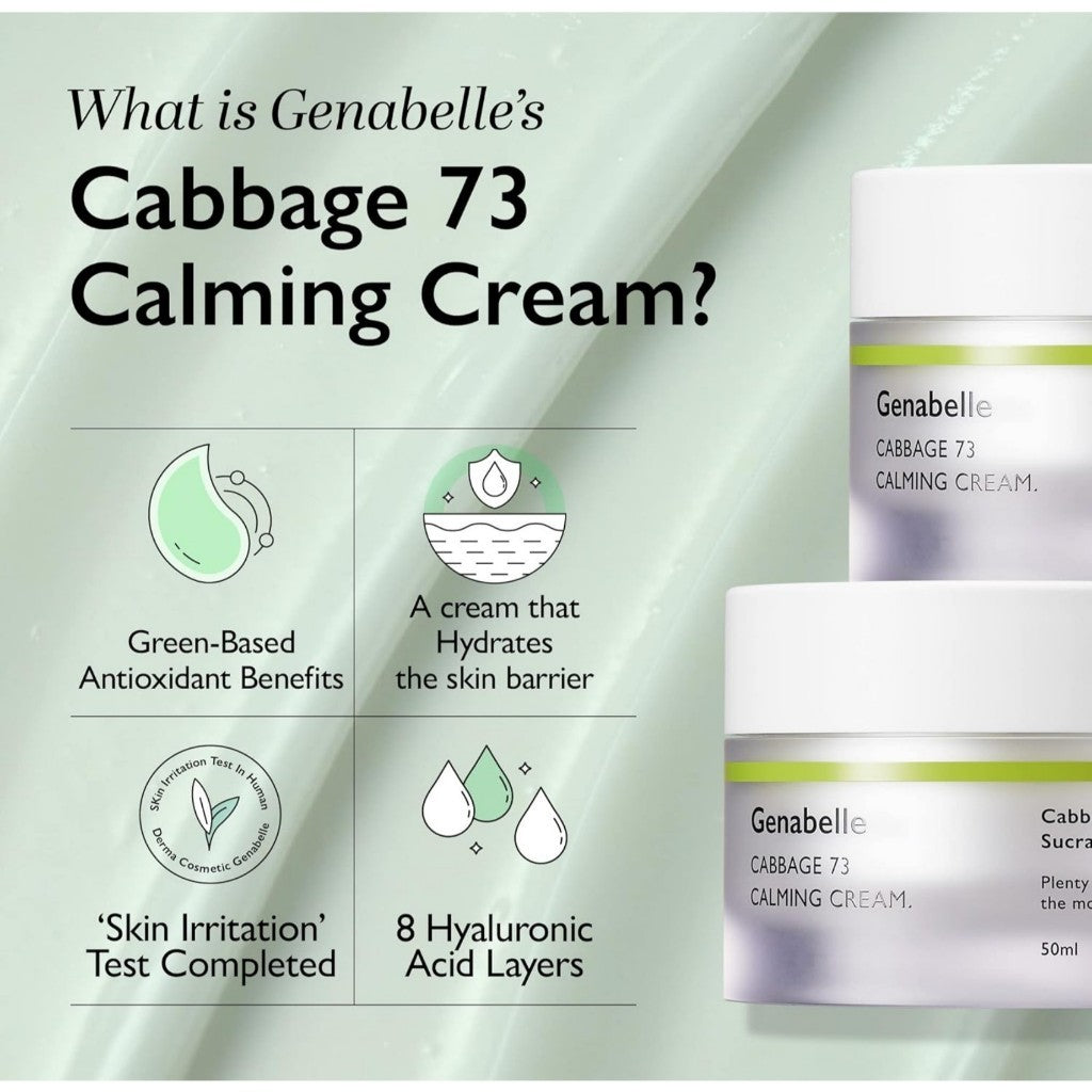 Genabelle Cabbage 73 Calming Cream, 50mL | Lightweight Watery-Type Moisturizer with CICA, Sucralfate, Hyaluronic Acid