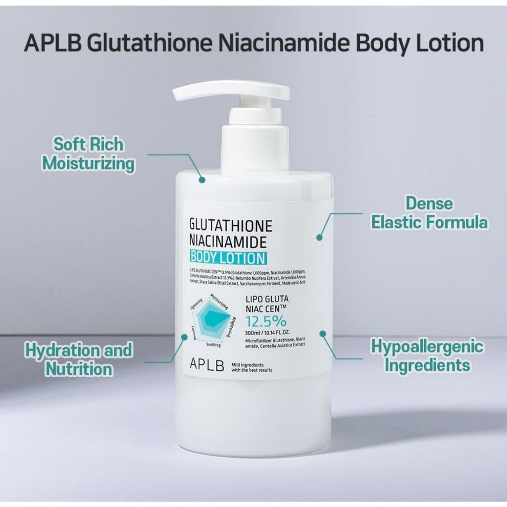 APLB Glutathione Niacinamide Body Lotion, 300mL | LIPO GLUTA NIAC CEN™ 12.5% 10.14 FL.OZ/Korean Skincare, Long lasting hydration, Revitalize for gentle and improve skin texture