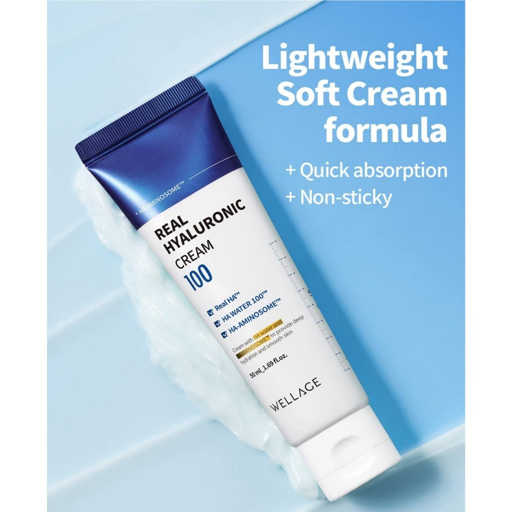 WELLAGE Real Hyaluronic Cream 100, 80mL | Ultra Moisturizing Face Moisturizer with 500,000ppm Hyaluronic Acid for 100hr Deep Hydration