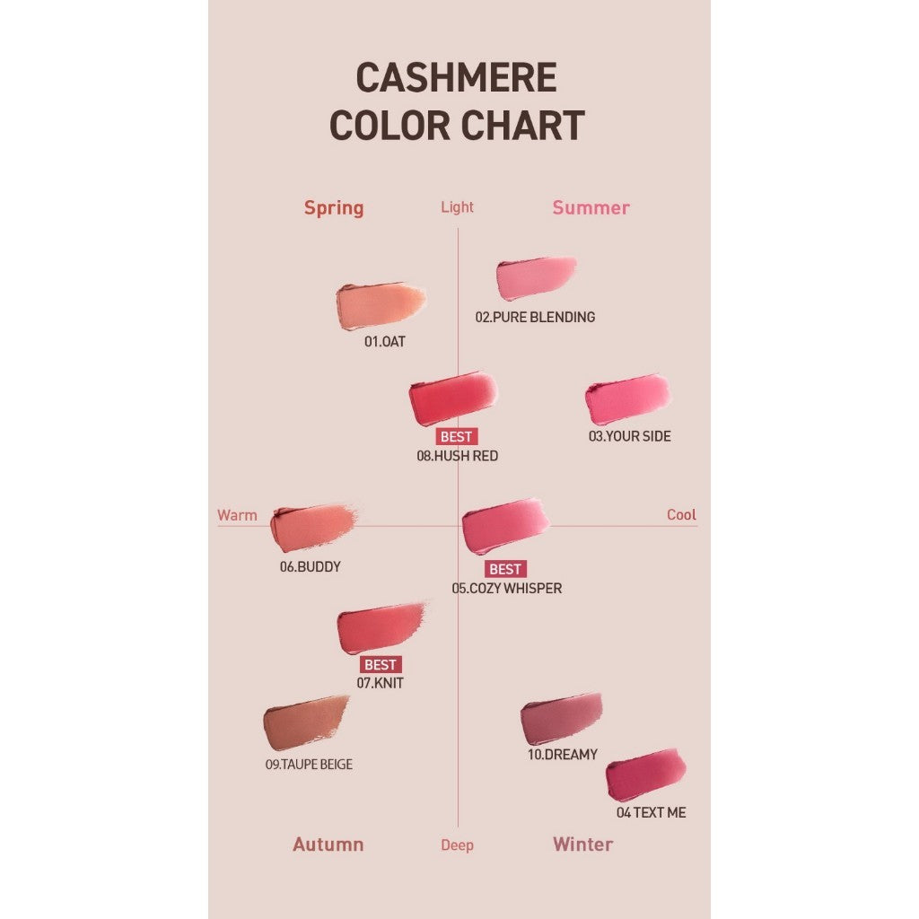 3CE Cashmere Hug Lipstick 3.5g (10 Colors)