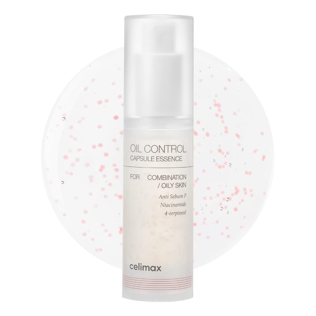 Celimax Oil Control Capsule Essence pump bottle with a clear cap in front of a gel swatch containing pink specks