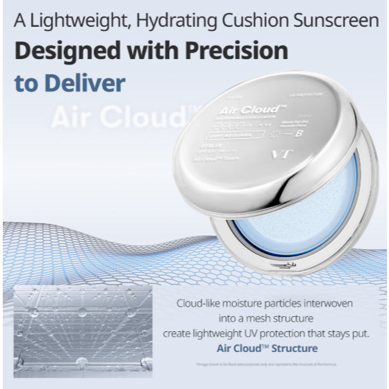 VT COSMETICS Air Cloud Water Powder Sun Cushion SPF50+ PA++++, 12g