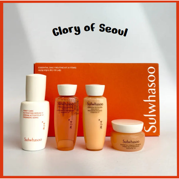 SULWHASOO Essential Daily Routine Kit, 4 Items ( First Care Activating Serum VI 8mL, Essential Revitalizing Water EX 15mL, Emulsion EX 15mL, Firming Cream EX 5mL )