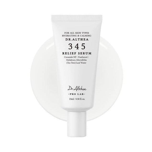 White Dr. Althea 345 Relief Serum 15ml tube on a white background