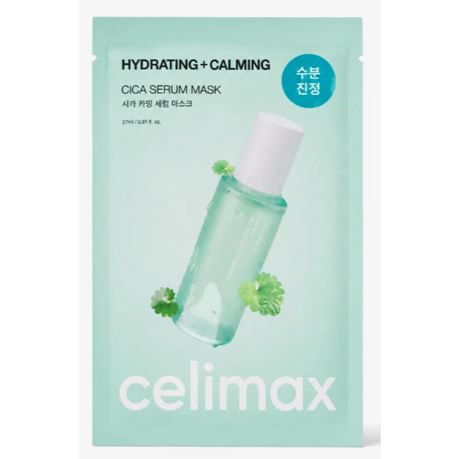 Mint-green Celimax Hydrating Calming Cica Serum Mask 27ml sachet with a printed bottle design
