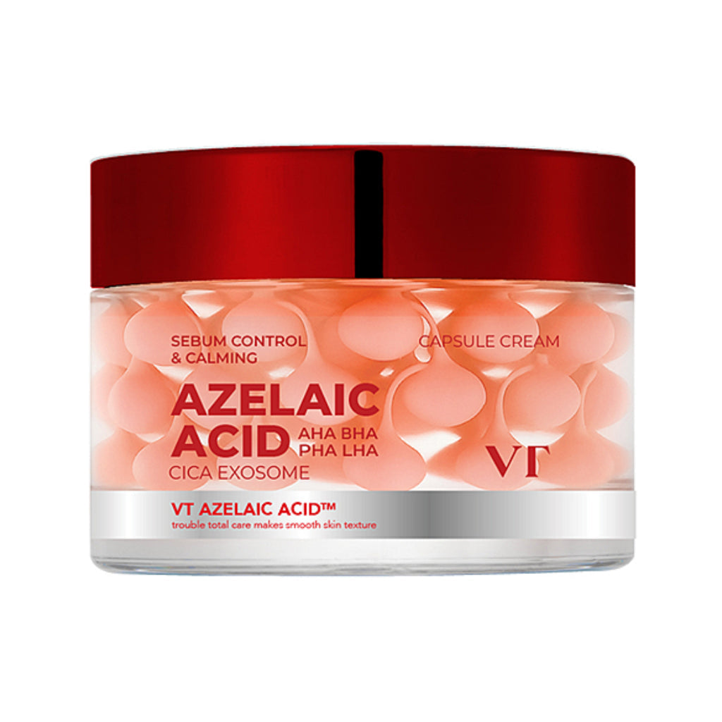 Clear VT Azelaic Acid Capsule Cream jar with pink capsules and a red lid on a white background