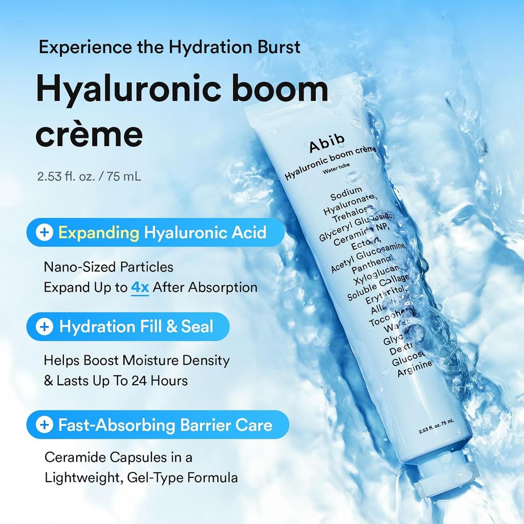 Abib Hyaluronic Boom Creme Water Tube 75ml | Crema hidratante facial con ácido hialurónico y ceramidas
