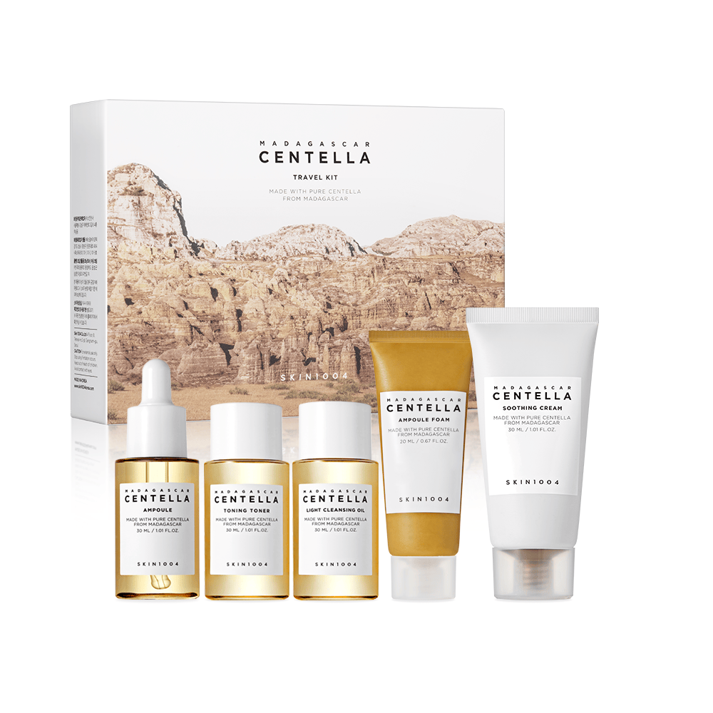 SKIN1004 Madagascar Centella Travel Kit │ Ampoule Foam 20ml + Toning Toner 30ml + Ampoule 30ml + Soothing Cream 30ml + Cleansing Oil 30ml