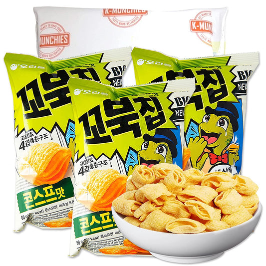 K-Munchies Orion Turtle Chips – 3 Packs of 80-gram Sweet Corn Flavor Korean Chips – Savory, Tasty, Crispy Korean Corn Snacks - Bite-Sized, Satisfyingly Good, On-The-Go Korean Corn Snack for Family