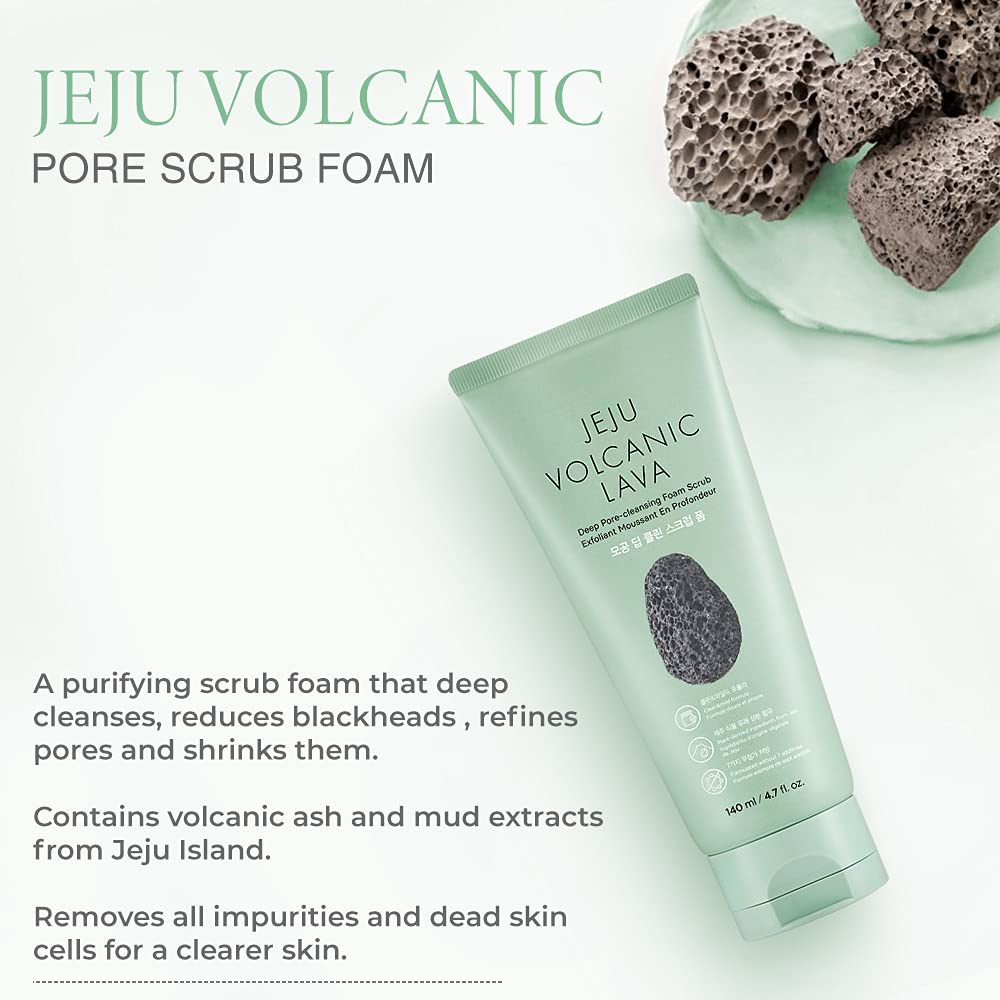 The Face Shop Jeju Volcanic Lava Deep Pore-Cleansing Foam Scrub | Pore Purifying Scrub Foam for Deep Clean, Blackheads Removal, Pores Refining & Shrinking | 4.7 Fl Oz (Pack of 1)