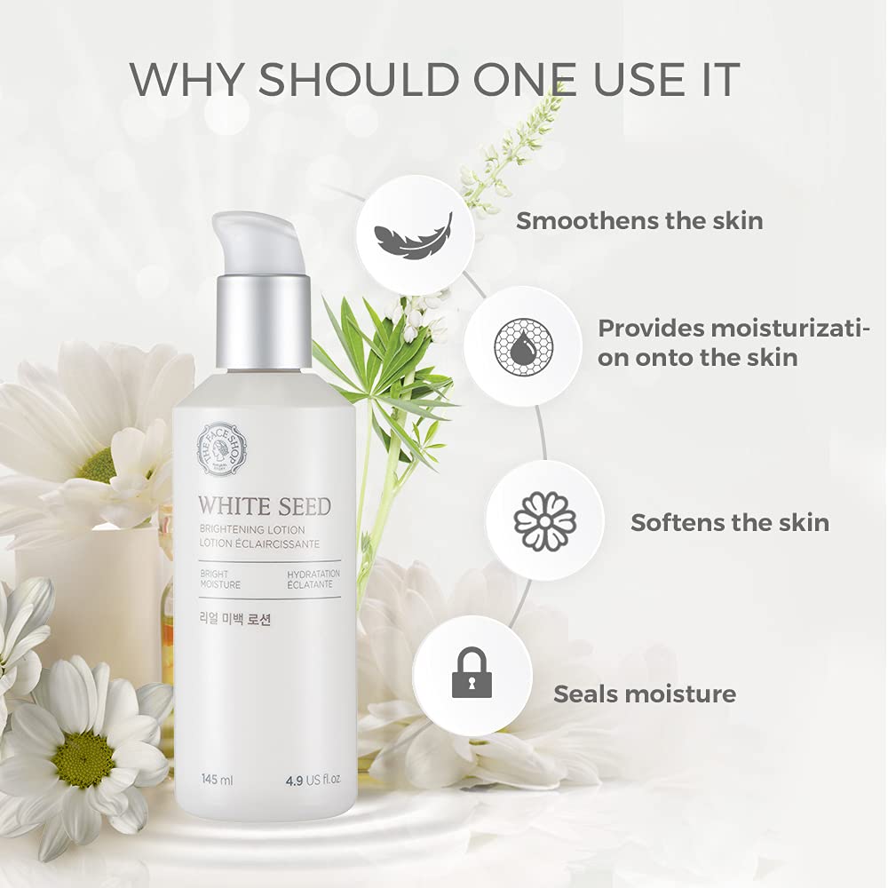 The Face Shop Whiteseed Brightening Face Lotion | Moisture Barrier Replenishment for Bright & Radiant Skin | Skin Texture & Clarity Improvement, Dullness Reducing, 4.9 Fl Oz