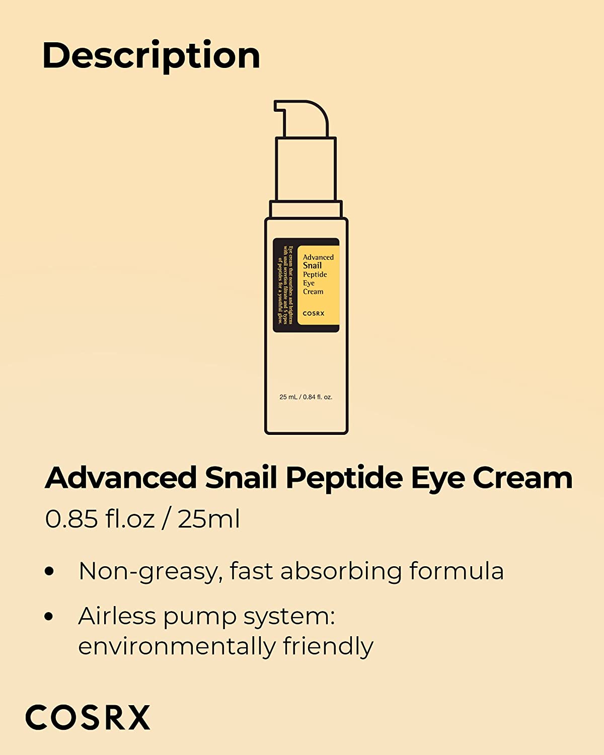 COSRX Advanced Snail Peptide Eye Cream with 73.7% Snail Mucin + 2% Niacinamide, 0.85 fl.oz / 25ml | Brightening Night Cream for Fine Lines & Dark Circles, Korean Skin Care