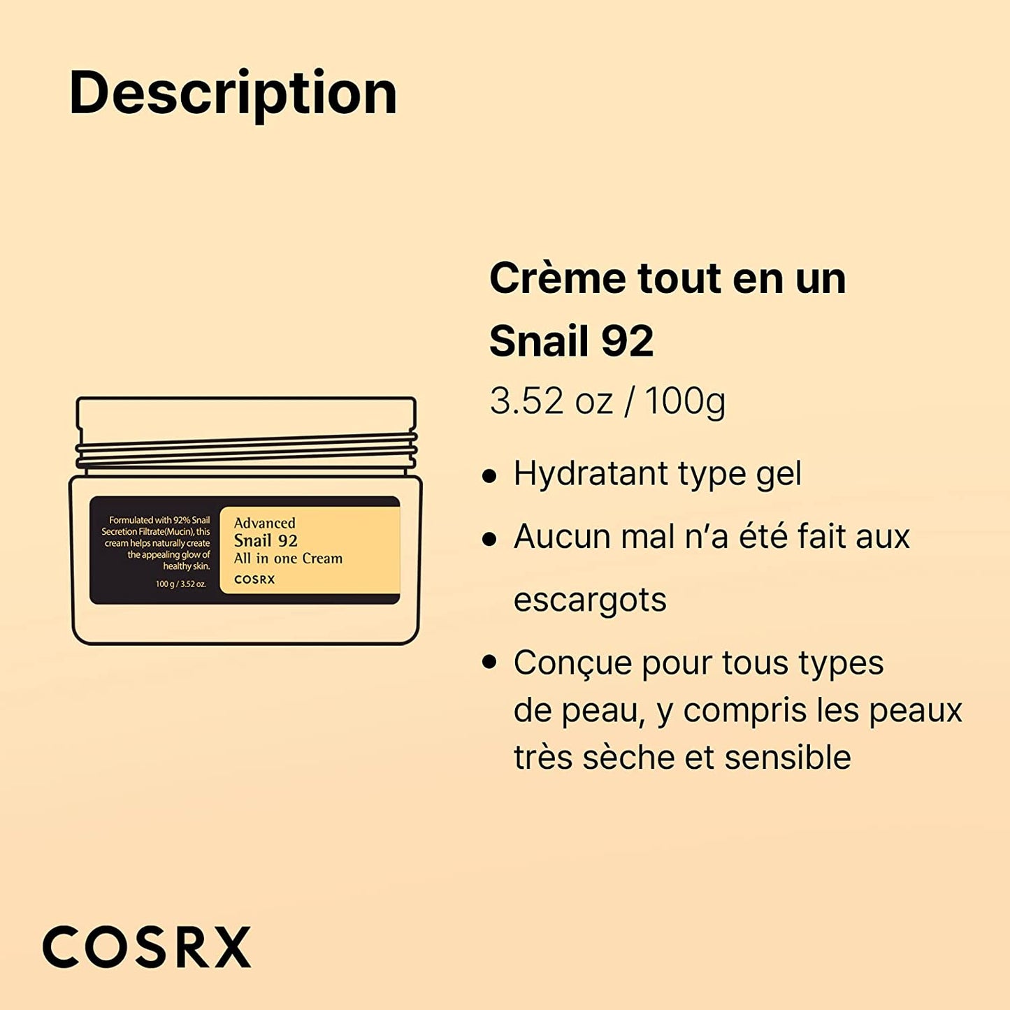 COSRX Snail Mucin 92% Repair Cream 3.52 oz, 100g, Daily Face Gel Moisturizer for Dry Skin, Acne-prone, Sensitive Skin, Not Tested on Animals, No Parabens, No Sulfates, No Phthalates, Korean Skincare