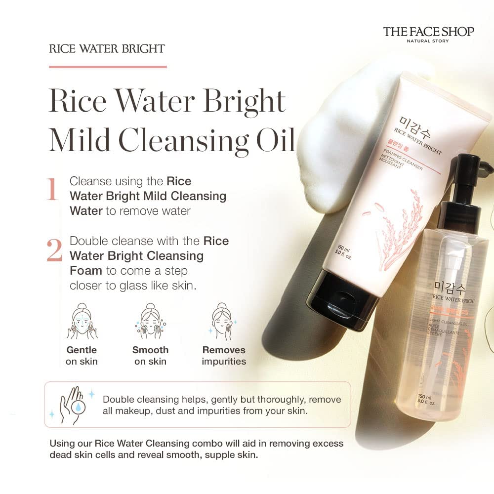 THE FACE SHOP Rice Water Bright Face Wash, Facial Cleanser for Sensitive, Normal & Oily Skin, Gentle Hydrating Daily Face Cleansing Oil (5oz) or Face Wash Set (Face Cleansing Oil & Cleansing Foam)